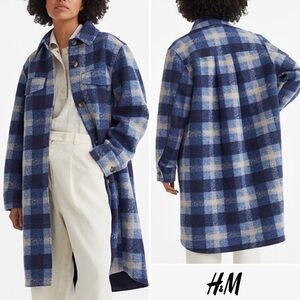H&M Long Shacket Blue Plaid Small EUC